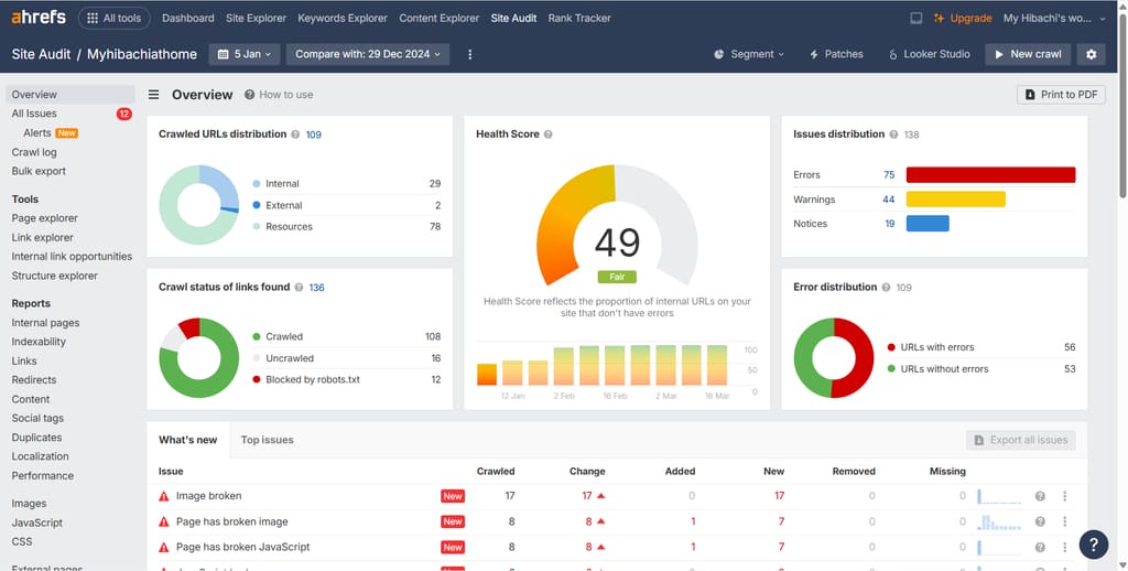 Ahrefs Site Audit for myhibachiathome.com before the fixes, Health Score 49 with 75 errors