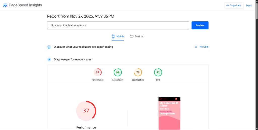 PageSpeed Insights mobile report for myhibachiathome.com with a performance score of 37 before optimization