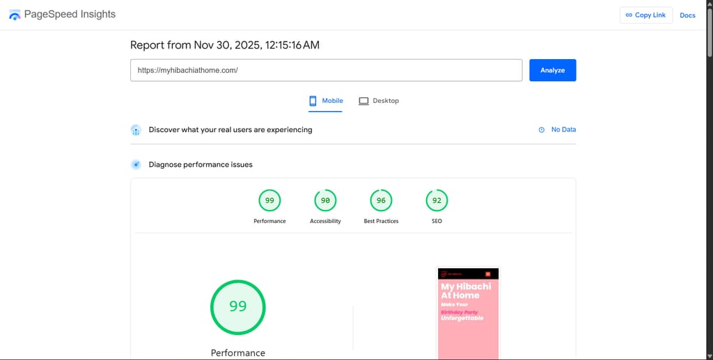 PageSpeed Insights mobile report for myhibachiathome.com with a performance score of 99